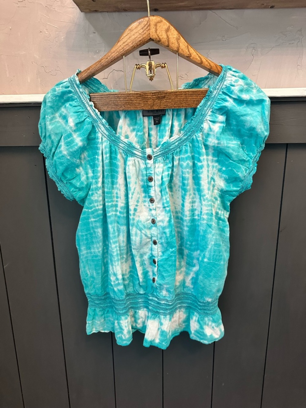 Nine West Turquoise Blue White Tie-Dye Peasant Blouse Size XL Boho Top
